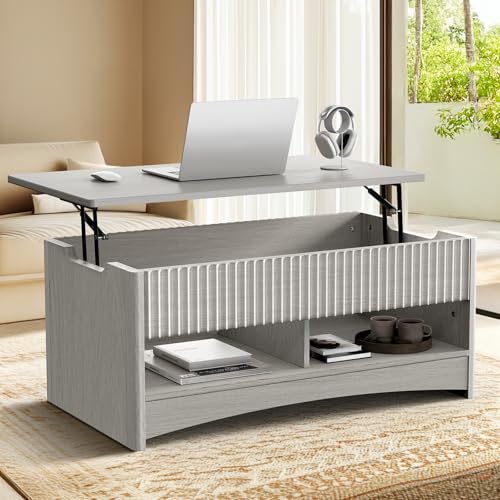 Marsail Lift Top Coffee Table with Open & Hidden Storage, Modern Fluted Coffee Table with Smooth Lift Mechanism, Sturdy Space-Saving Center Table for Home Living Room, Office, Natural Oak