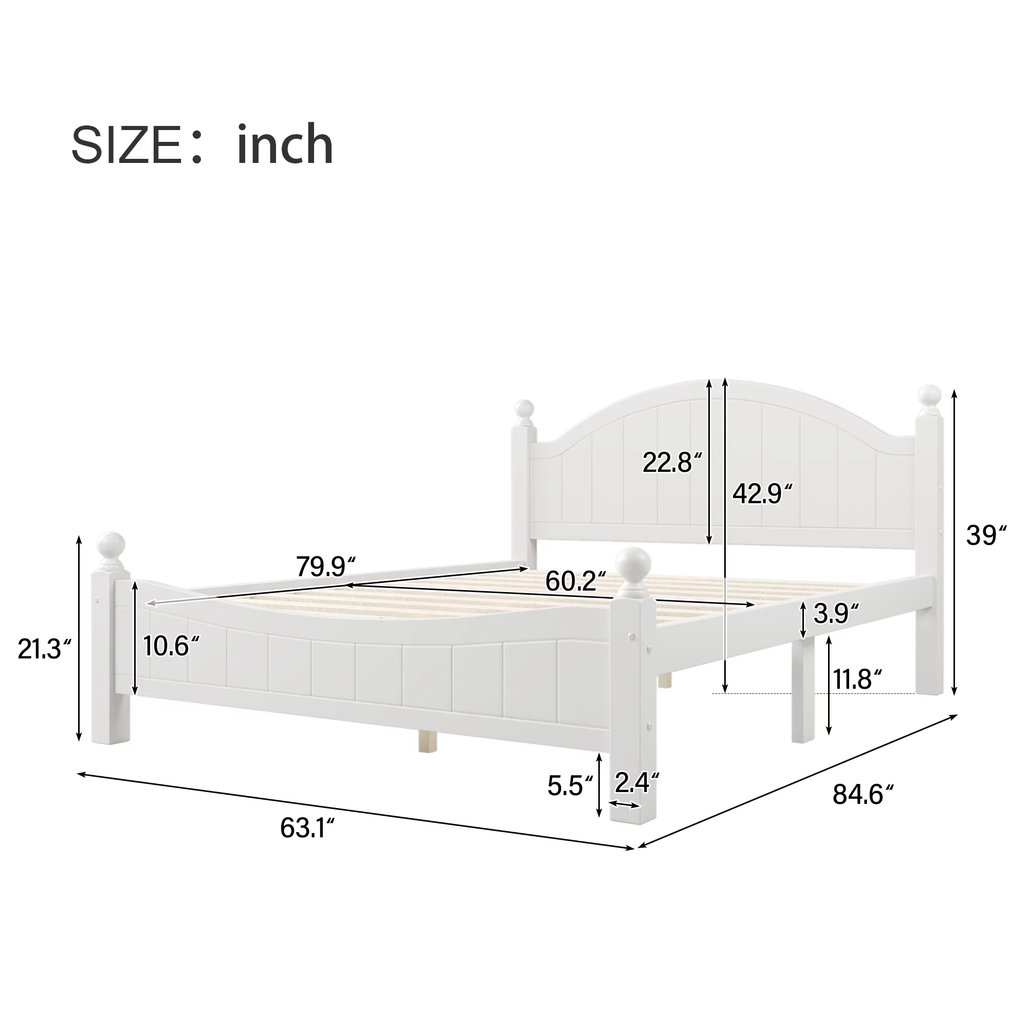 Paproos Queen Size Bed Frame, Solid Wood Platform Bed with Headboard and Footboard, No Box Spring Needed, White