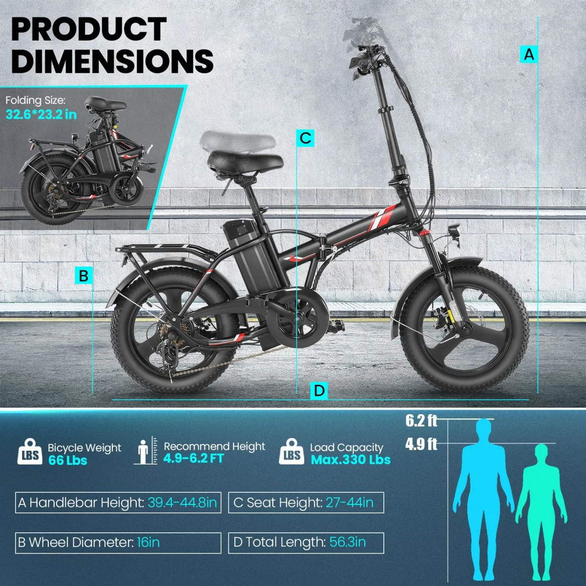 Elifine 16"×3.0 Fat Tire Folding Electric Bike for Adults, 350W Lockable Suspension Fork Electric Bicycle, LCD Display Foldable Ebike with 48V 7.8Ah Battery, 19.8 mph Snow Bike up to 50 Miles Range
