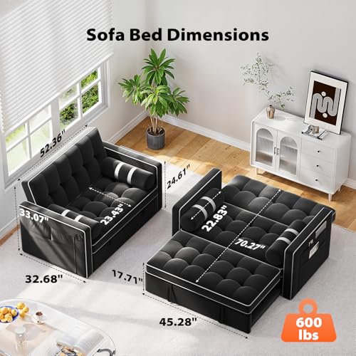Pipishell 3 in 1 Convertible Sleeper Sofa Bed,Pull Out Couch for Living Room with USB Ports & Side Pockets,Adjustable Backrest,Velvet,Loveseat Sofa Bed,Futon Couches,Black