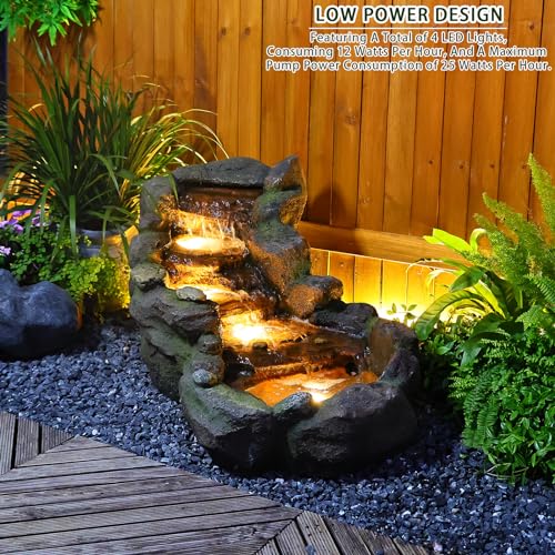 Garden Water Fountains outdoor Floor Standing, 3 Tier Rock Waterfall Fountain with LED Lights and Pump for Garden, Patio, Backyard, Deck, Porch and Home Art Deco, 56.3" Very Tall