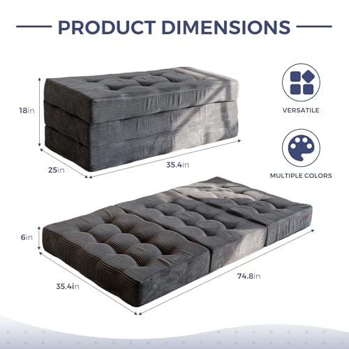 MAXYOYO Tri-Fold Mattress, 6 Inch Tufted Folding Mattress Full Foam Bed, Foldable Floor Mattress Guest Bed Mattress Topper Portable Camping Sleeping Bed with Corded Fabric, Black, 53"x75"