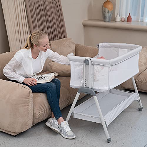ANGELBLISS Baby Bassinet Bedside Sleeper, Easy Folding Portable Bassinet for Baby Girl with Wheels, Adjustable Height, Included Mattress (Pink)