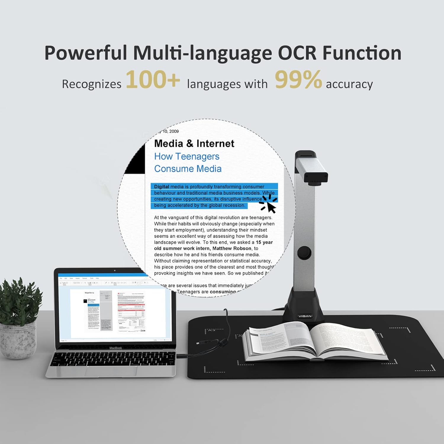 Ultra High Definition 10MP Document Camera/Webcam - VIISAN Document Scanner with 100+ Languages OCR Tech, Capture Size A3 for Remote Teaching & Live Demo, Plug and Play USB Scanner for Windows, Mac OS