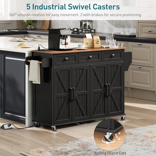 Kitchen Island with Drop Leaf, Kitchen Cart with Charging Station, Kitchen Table with Storage, Rolling Island Table with 3 Drawers, Towel Rack and Spice Rack, White and Walnut