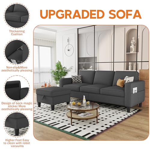Convertible Sectional Sofa Couch, Beige 3 Seat L-Shaped Sectional Sofa with Storage Ottoman and Pockets, Modern Linen Fabric Upholstered Sofa Furniture Set for Living Room Small Space Bedroom