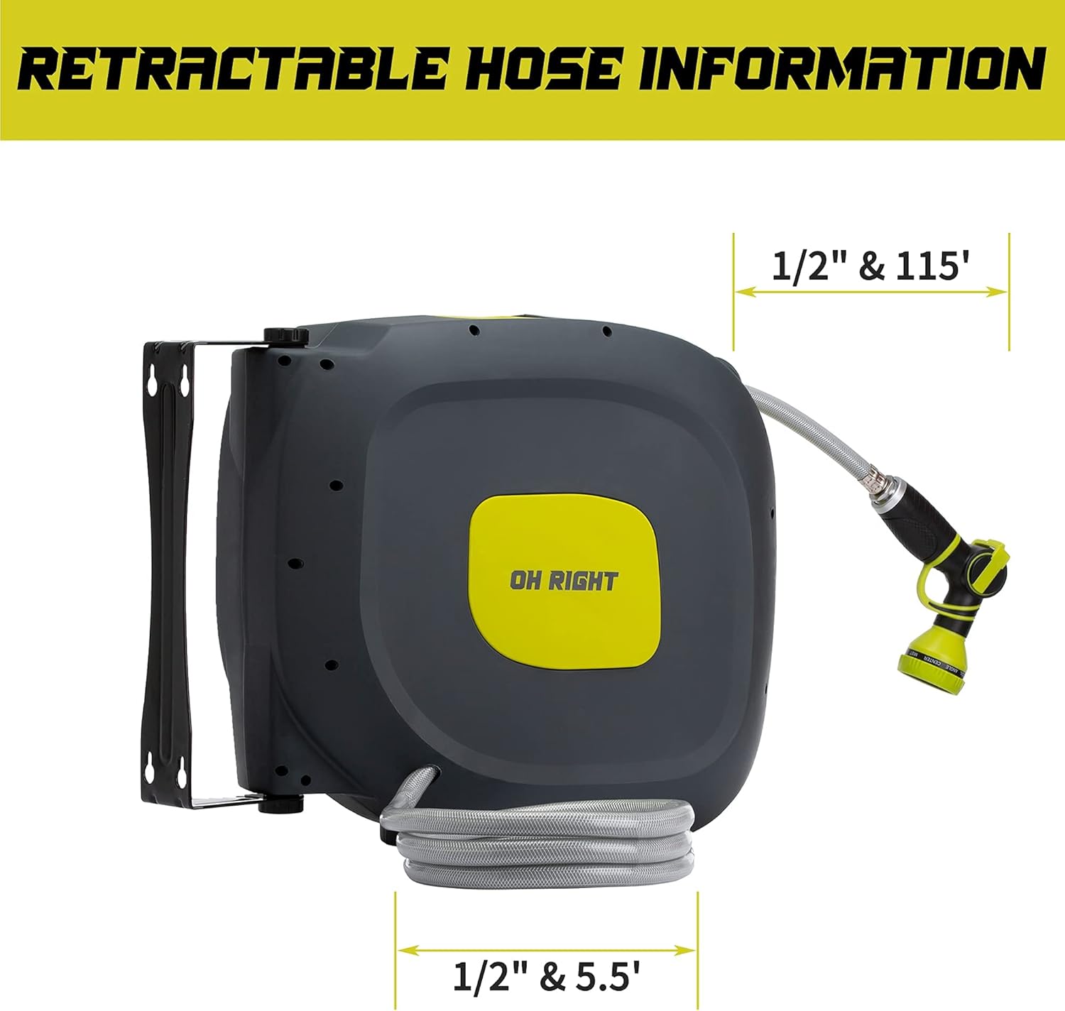 Oh right Retractable Garden Hose Reel 1/2" 115'+5' with 180°Swivel Metal Bracket, Wall Mounted Water Hose Reel with 9 Pattern Nozzle