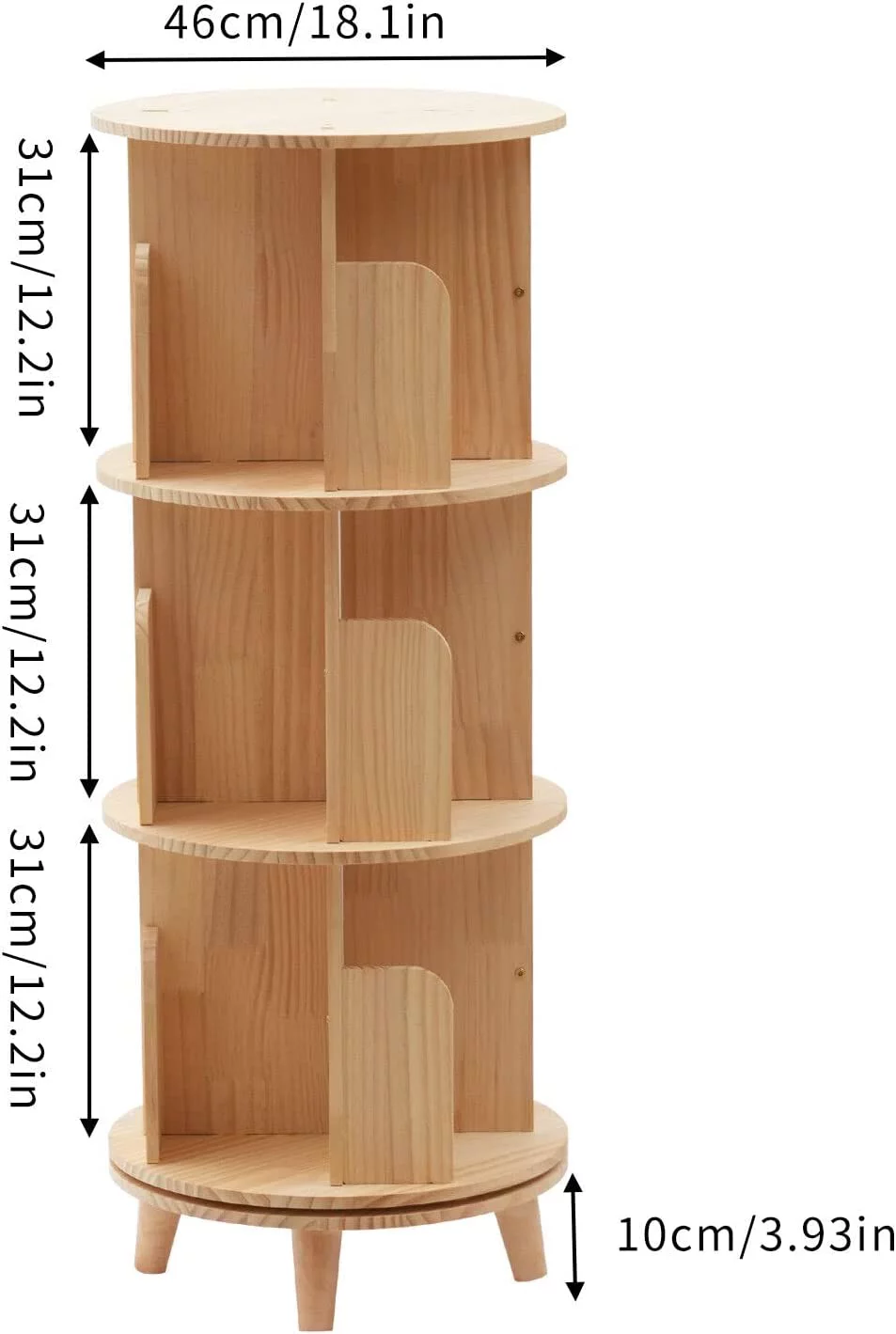 Fichiouy Wood 3 Tier Floor Standing 360 Rotating Bookshelf for Bedroom Living Room Office - Curated Treasures Market
