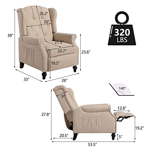 Wingback Recliner Chair with Massage and Heat, Tufted Fabric Pushback Recliner Chair, Wingback Chair with Remote Control, Padded Cushion, Wooden Legs, Small Recliners for Small Spaces