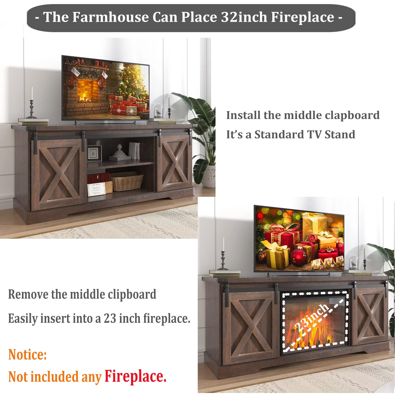 Chvans Farmhouse Barn Door TV Stand for up to 65 TVs /23 Electric Fireplace, Entertainment Center Console Table with Adjustable Shevles(58)