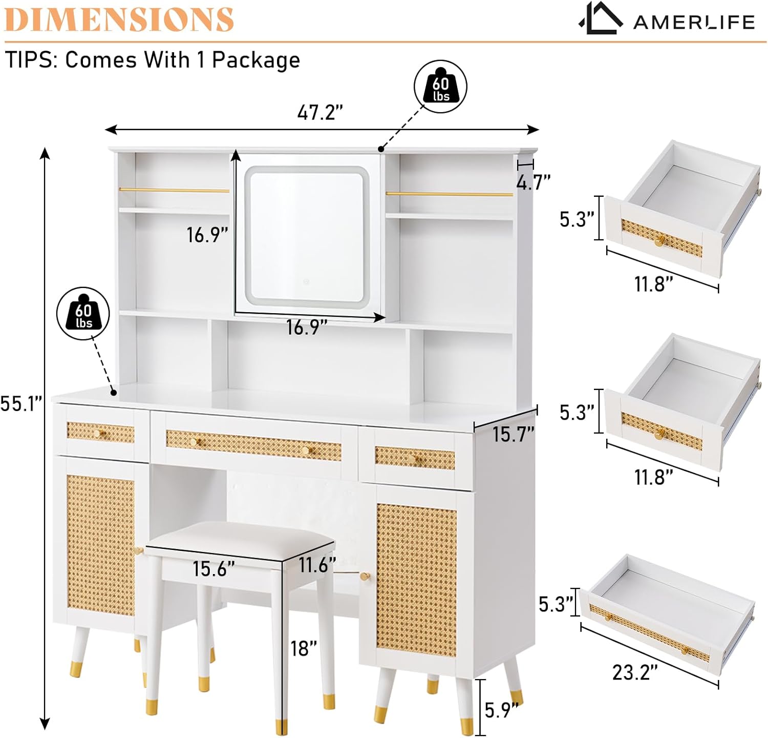 AMERLIFE 47in Rattan Makeup Vanity Desk with Mirror and Lights, Modern Big Vanity Table with Drawers & Shelves, Boho Vanity Set with Rattan Door Cabinets for Women, Bedroom, Stool Included, White