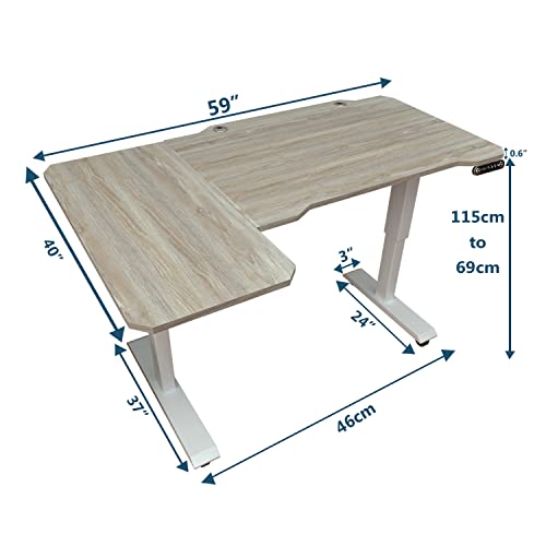 Adjustable Height L-Shaped Electric 59 Inch Sit-Stand Computer Desk with 3 Splice Boards, Lockable Casters-Ideal for Home Office, 59Inch, Rustic Brown