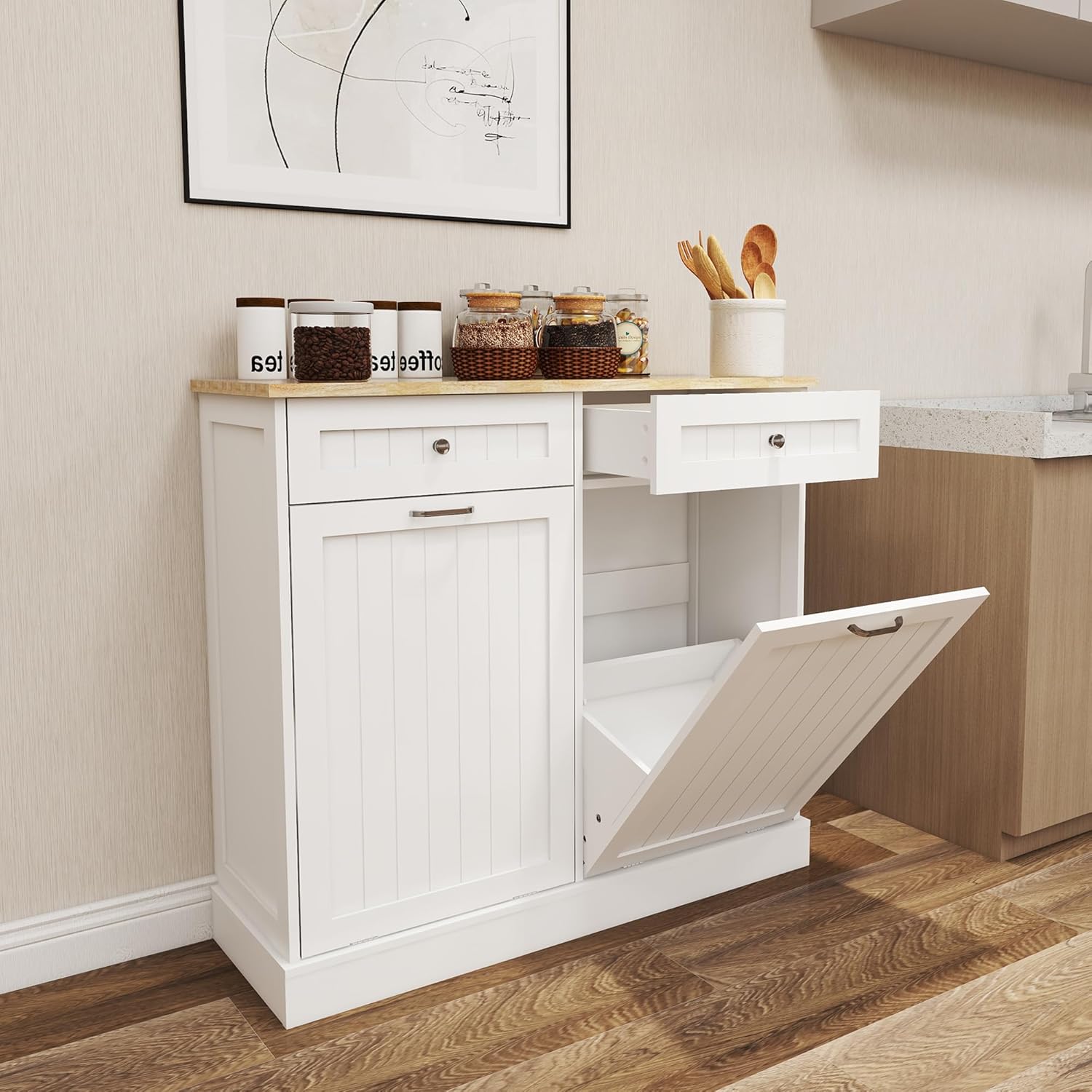 Ucloveria Double Tilt Out Trash Cabinet, Free Standing Garbage Can Cabinet 2 Drawer Tilt-Out Laundry Sorter Cabinet, Hidden Trash Can Holder Recycling Cabinet with Wood Tabletop for Kitchen