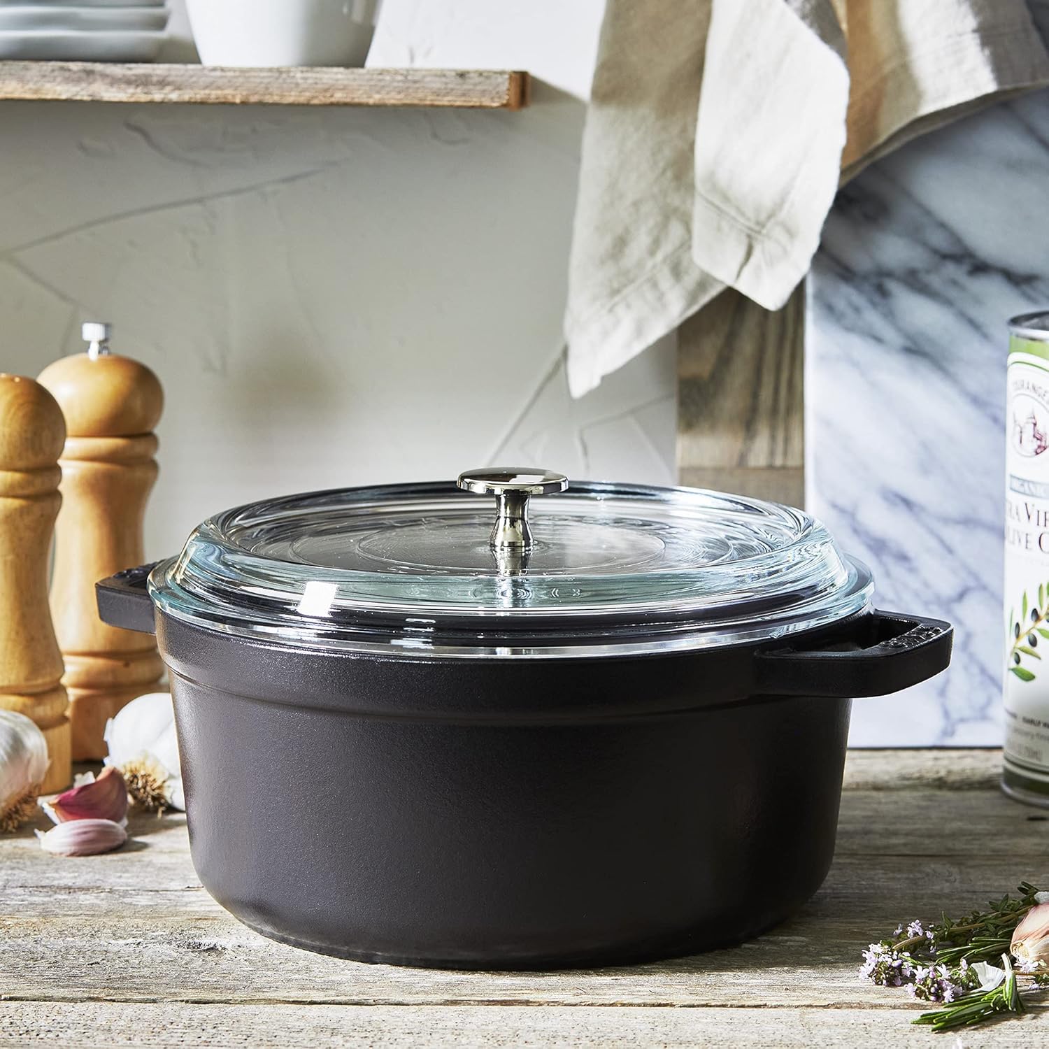 STAUB Cast Iron Dutch Oven 4-qt Round Cocotte with Glass Lid, Made in France, Serves 3-4, Black