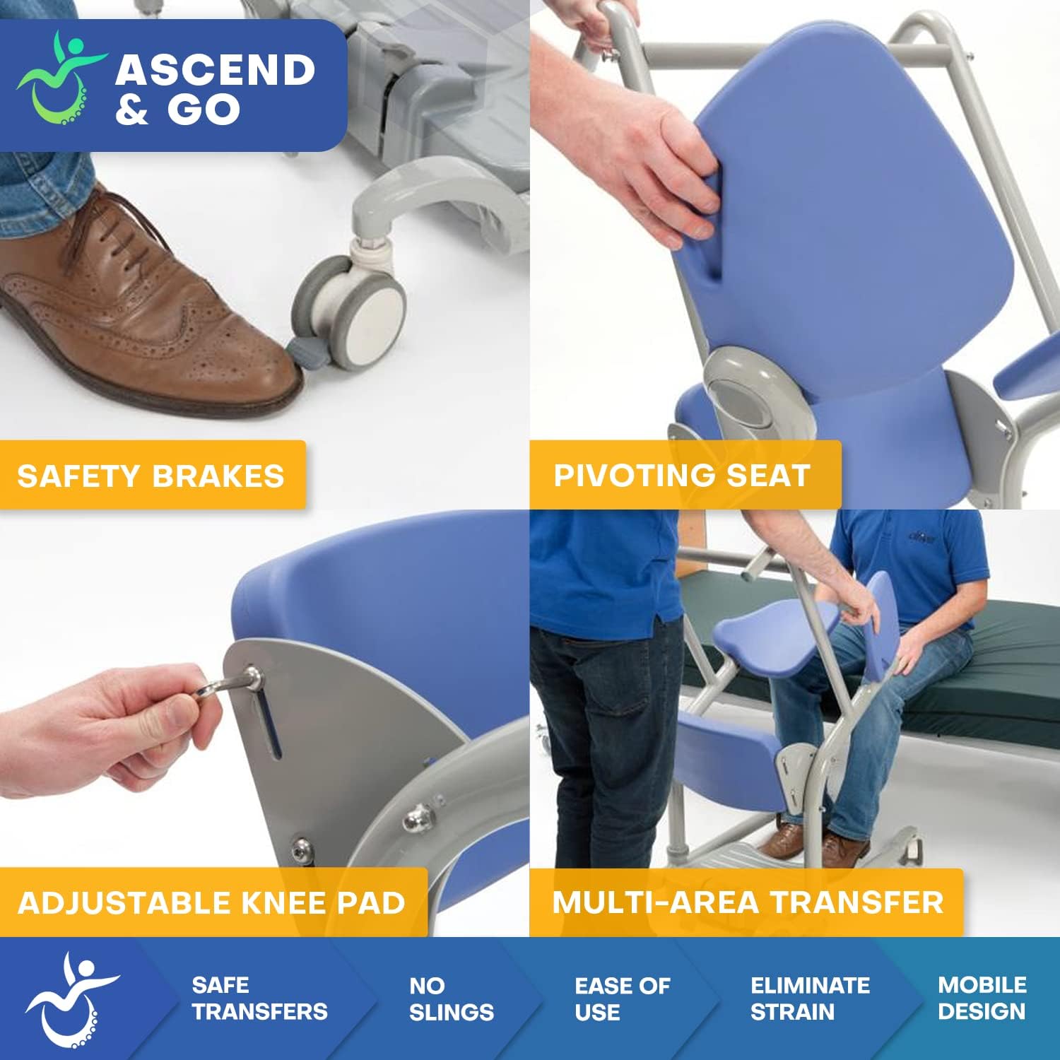 Ascend & GO - Manual Sit to Stand Elderly Assist Transfer Patient Lift Aid, Standing Assist Lift, Senior Transport Assistance Patient Chair, Stand Up Lift - Homecare Professional Use 400lbs. Lift Cap