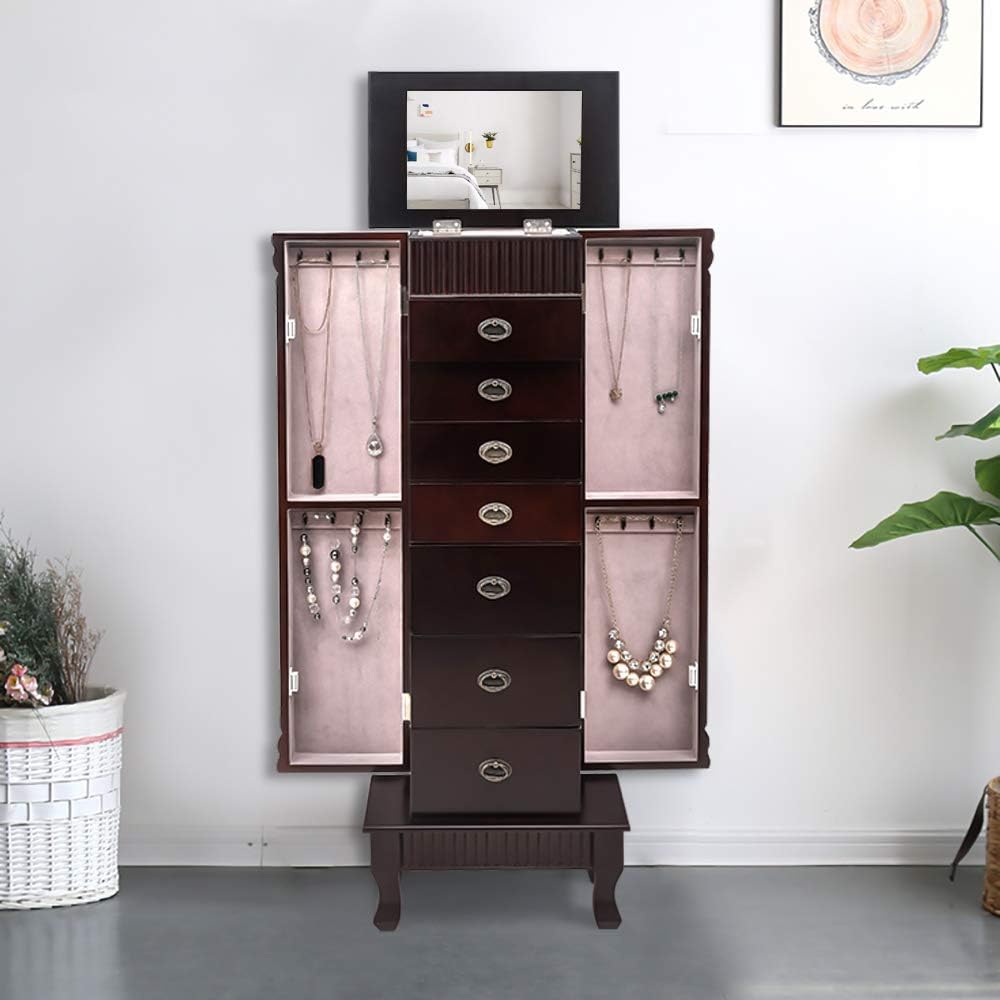 Standing Jewelry Armoire Cabinet,Jewellery Box Organizer Storage Chest with 7 Drawers,2 Swing Doors,16 Necklace Hooks,Brown