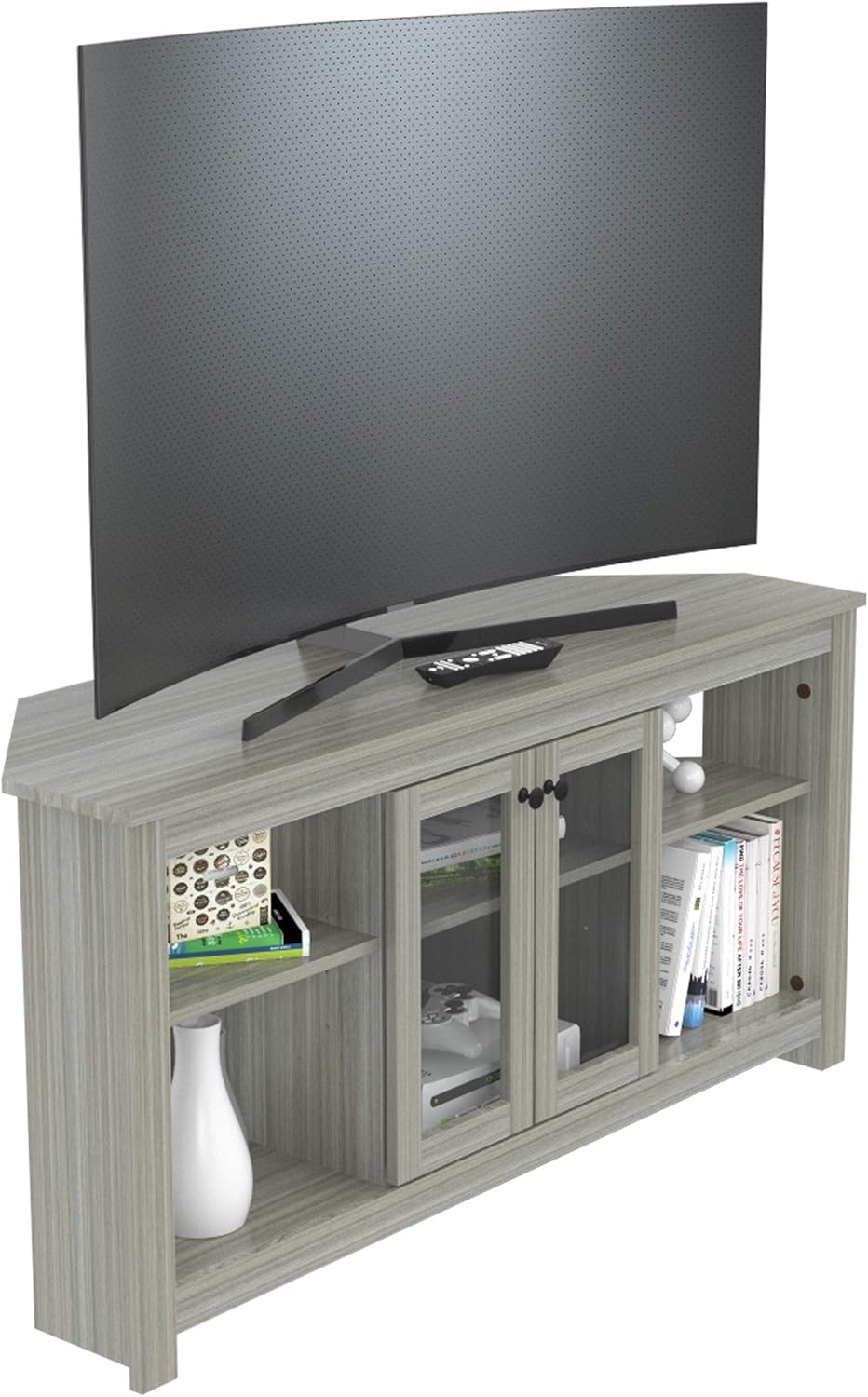 Inval Corner TV Stand with Glass Doors, Smoke Oak