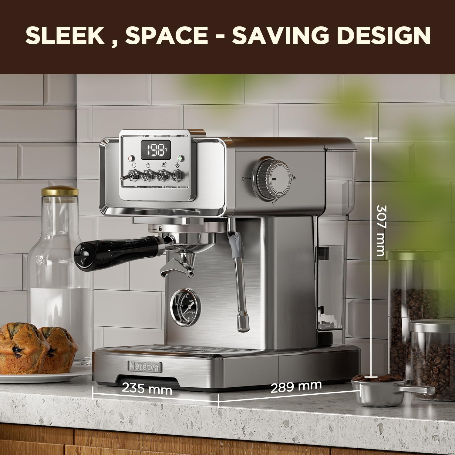 Neretva Espresso Machine, 15 Bar LCD Display Espresso Maker Manual&Auto Mode Stainless Steel Espresso Coffee Machines with 60oz Water Tank&Milk Frother for Home Barista, Latte and Cappuccino Machine