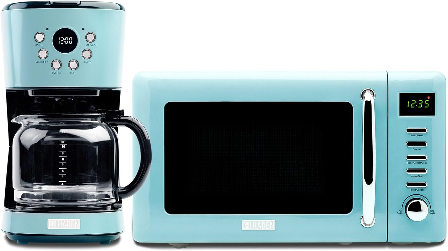 Haden Heritage 12 Cup Programmable Vintage Retro Home Coffee Maker Machine with Vintage Retro 0.7 Cu Ft 700W Countertop Microwave Oven, Blue