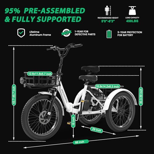 MOONCOOL Electric Tricycle Trike for Adults 350W 36V Removable Battery 24/26 Inches 7 Speeds 3 Wheels Electric Bikes Bicycle for Adults, Three Wheel Electric Cruiser Tricycle