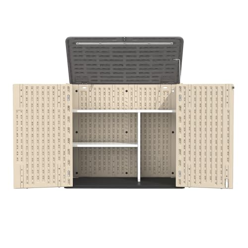 60 Cu.Ft Vertical Outdoor Storage Shed, All-Weather Resin Storage Cabinet Waterproof with Lockable Floor, Tall Backyard Shed for Patio Furniture, Garage, Garden, Pool Accessories, Porch (Khaki)