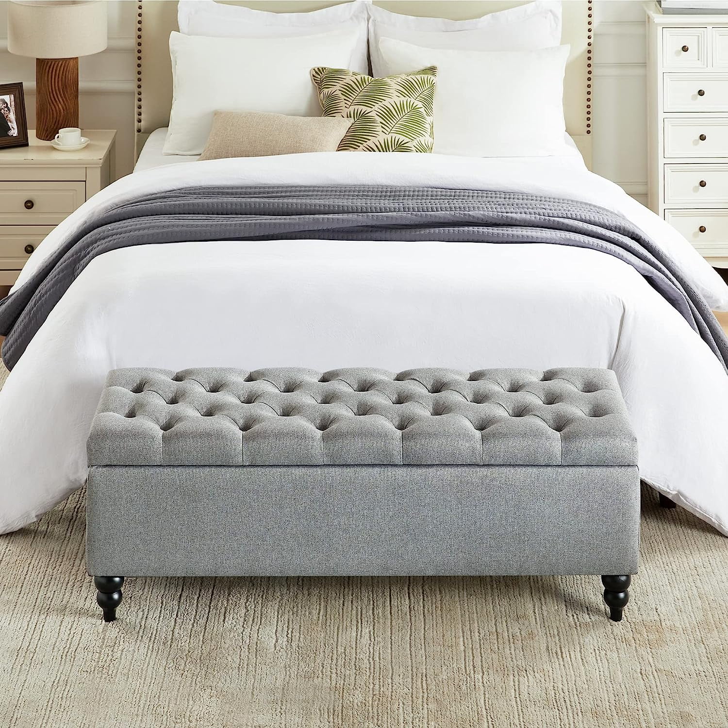 Storage Ottoman Bench, 50.2 Inches Upholstered Fabric Storage Ottoman Bench, Button Tufted Ottoman with Large Storage, End of Bed Bench, for Living Room, Entryway, Bedroom (Grey)