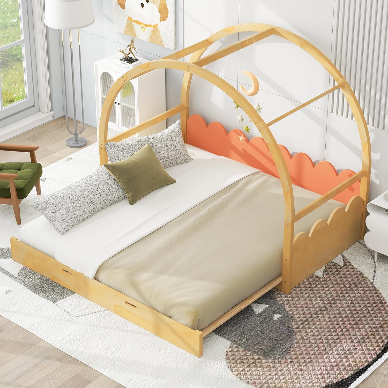 Floor Bed Twin to King, Wood House Montessori Bed Frame with Fence Rails and Vaulted Roof, Extending Kids Bed for 2 Girls Boys, Playhouse Design, Natural