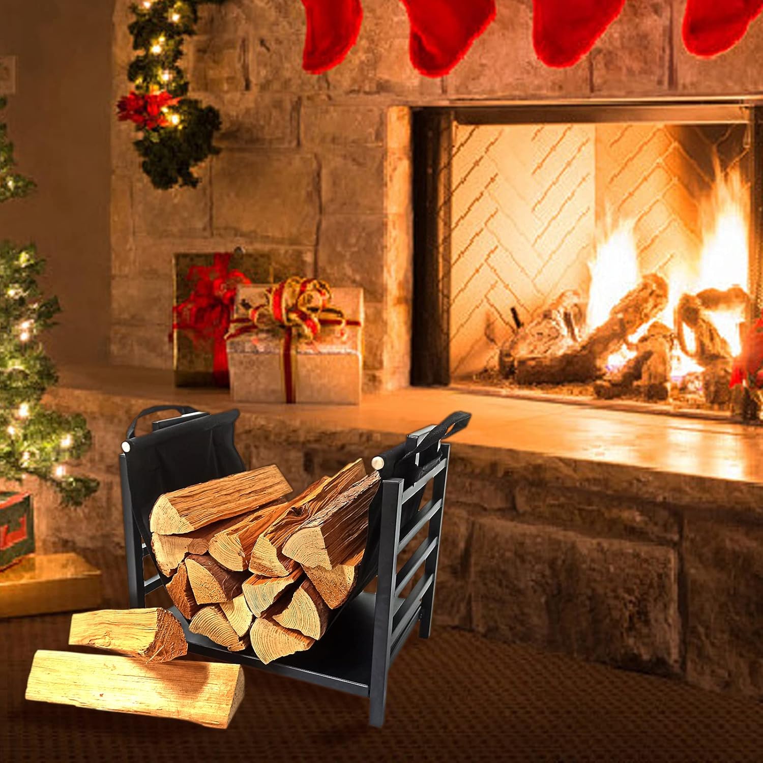 Meordi 17"metal wood rack,heavy duty wood rack for fireplace indoor,wood holders firewood small,modern log racks indoor for firewood tragbar