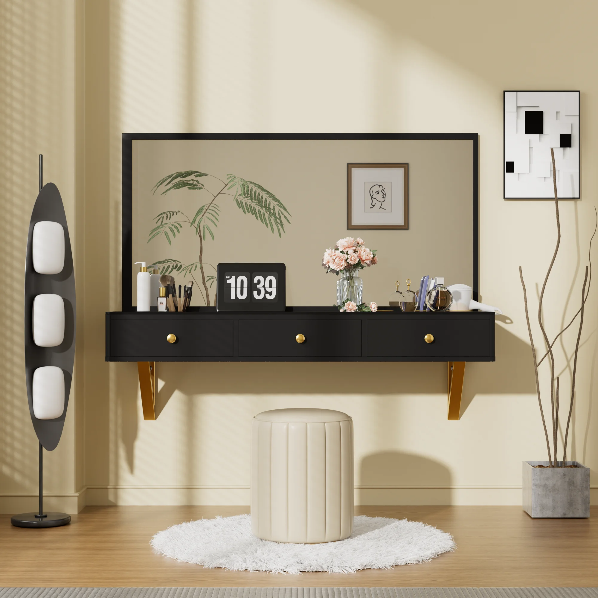 EUROCO 47" Wall-Mounted Vanity Table Floating Makeup Table with 3 Drawer，Metal Handles and Multifunctional Notches, for Bedroom, Bathroom, Hairdressers, Black and Golden