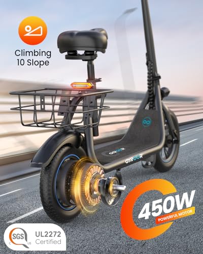 Gyroor Electric Scooter for Adults with Seat, 20/25 Miles Range 450W Motor up to 15.5/18.6 MPH Speed LCD Display, Electric Scooter with Basket