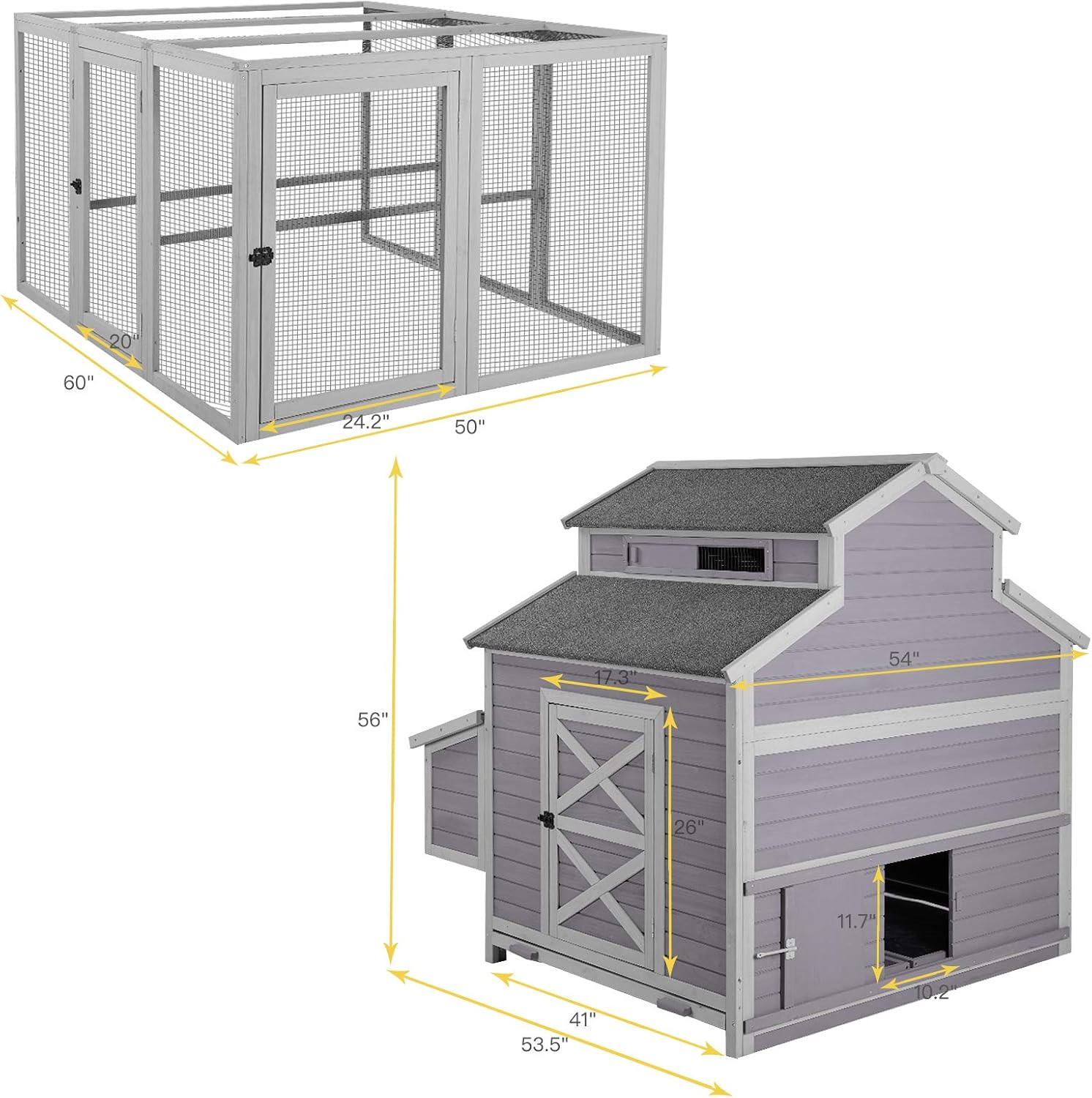 115in Chicken Coop Outdoor Large Hen House, Wooden Poultry Cage with Nesting Box, Run -4 Access Areas
