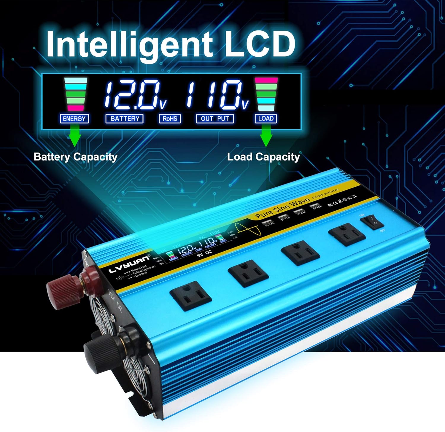 LVYUAN Pure Sine Wave Inverter 3000 Watt Inverter 12V to 110V DC to AC with Remote Controller, LCD Display 4 AC Sockets and 4 USB Ports for Car Truck Solar Power (3000W with Remote Controller)