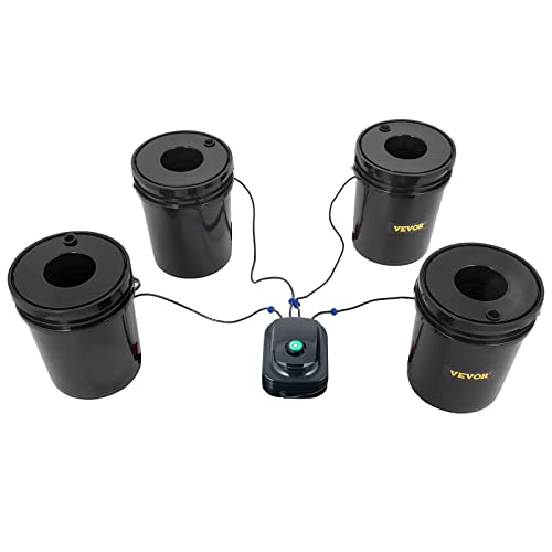VEVOR RDWC Hydroponics Grow System, Hydroponic Growing Kit with Top Drip, Recirculating Deep Water Culture 4 Buckles and 1 Reservoir, with Air Pump and Water Level Device for Leafy Vegetables