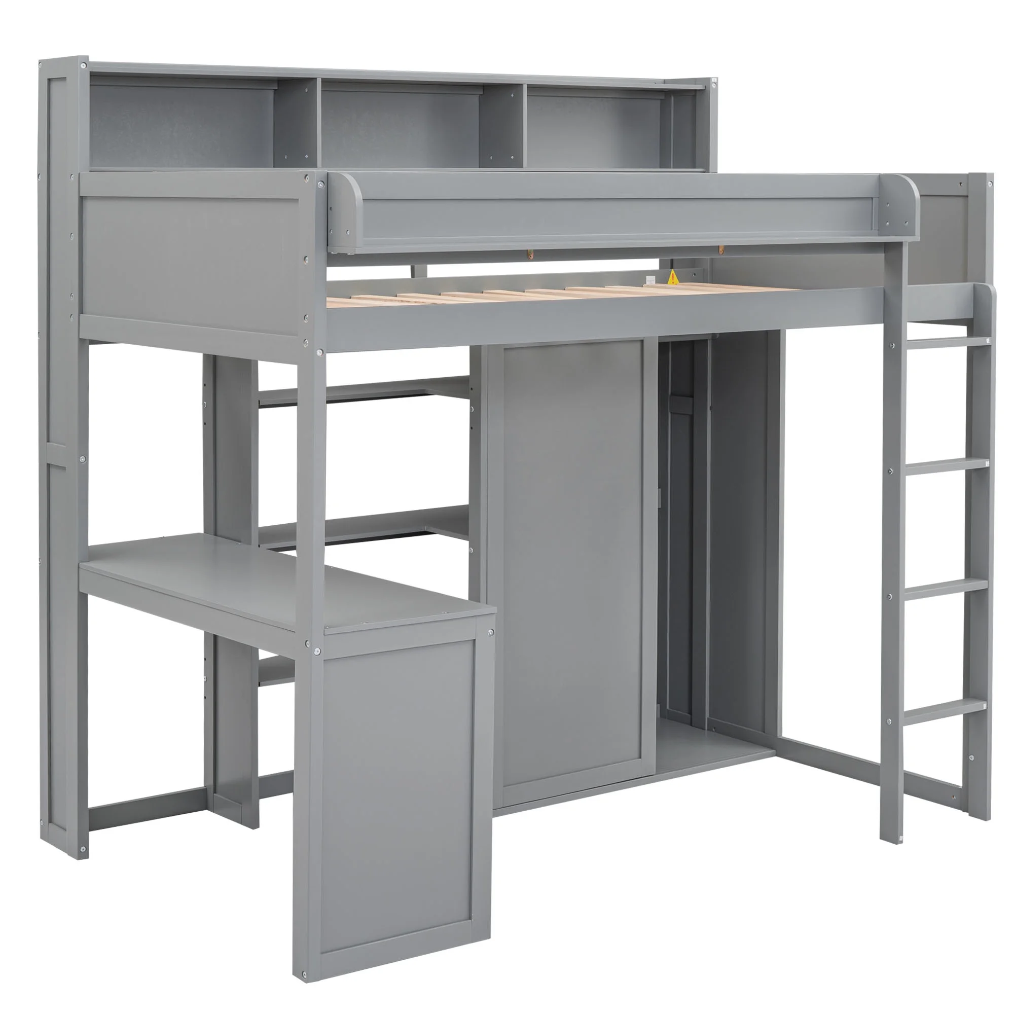 Euroco Pine Wood Twin Size Loft Bed with Desk, Wardrobe with Clothes Hanger and Display Shelves for Kids Bedroom, Gray