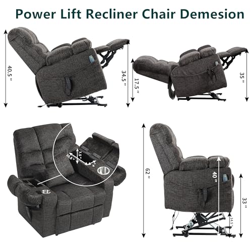 Light Grey Recliner Chair for Elderly | Tall and Big Man 400lbs | Chenille | Power Lift, Lay Flat, Stand Up, Wireless Charging Device, Extended Footrest, Massage Heat, Cup Holder, Lumbar Pillow
