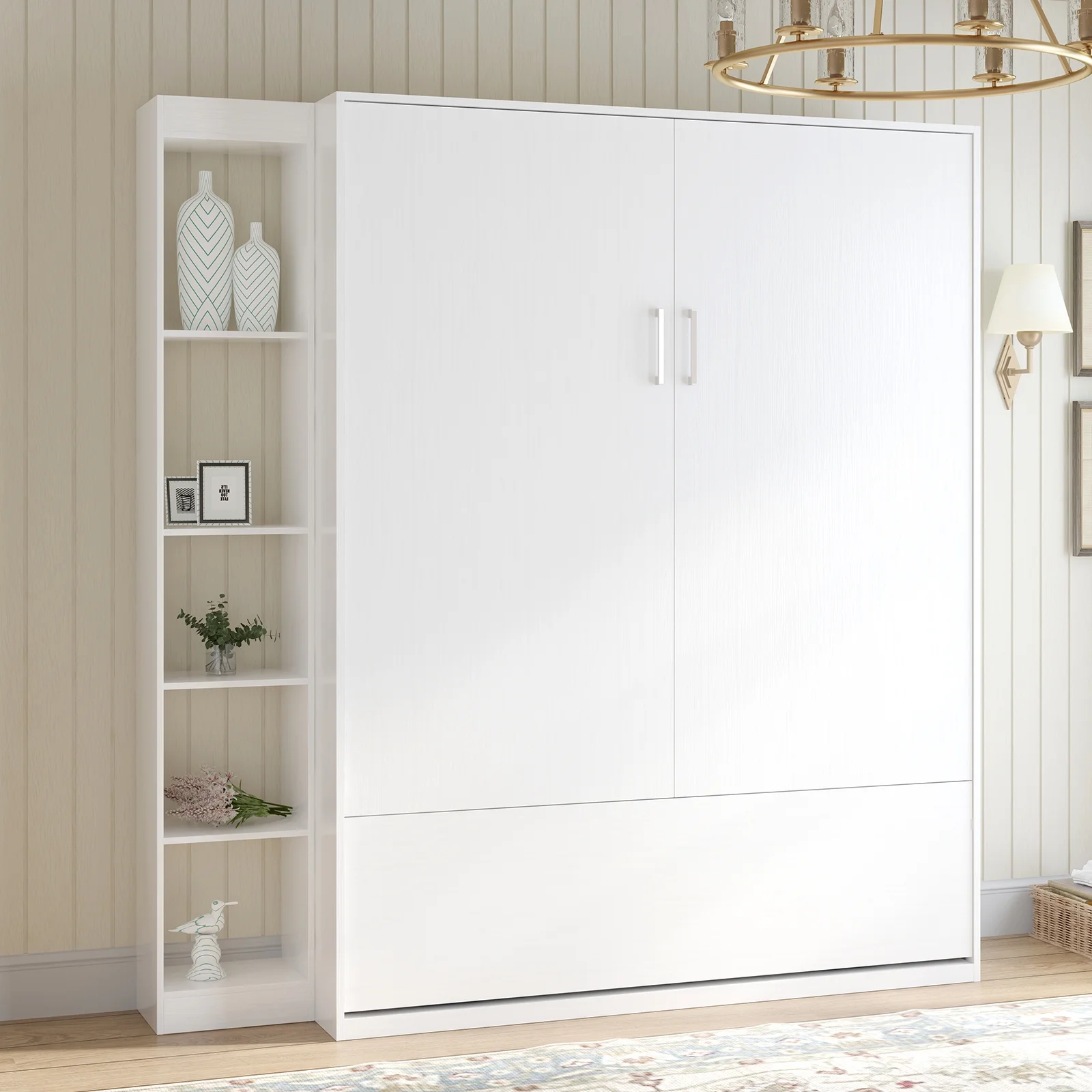 MUZZ Foldable Murphy Bed with 1 Side Cabinet, Folding Wall Bed with Space Saving Design, Fold up Murphy Bed Cabinet for Storage, Multipurpose Cabinet Bed for Bedroom/Apartment (Style5+1,White)