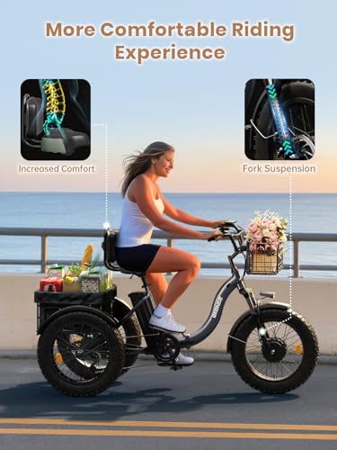 Electric Tricycle for Adults 960W Peak, 36V 15AH Battery Ebike 50 Miles Range with Large Rear Basket, Electric Trike 20" Fat Tire, Max 25MPH 3 Wheel Folding Electric Trike for Adults(Lava)
