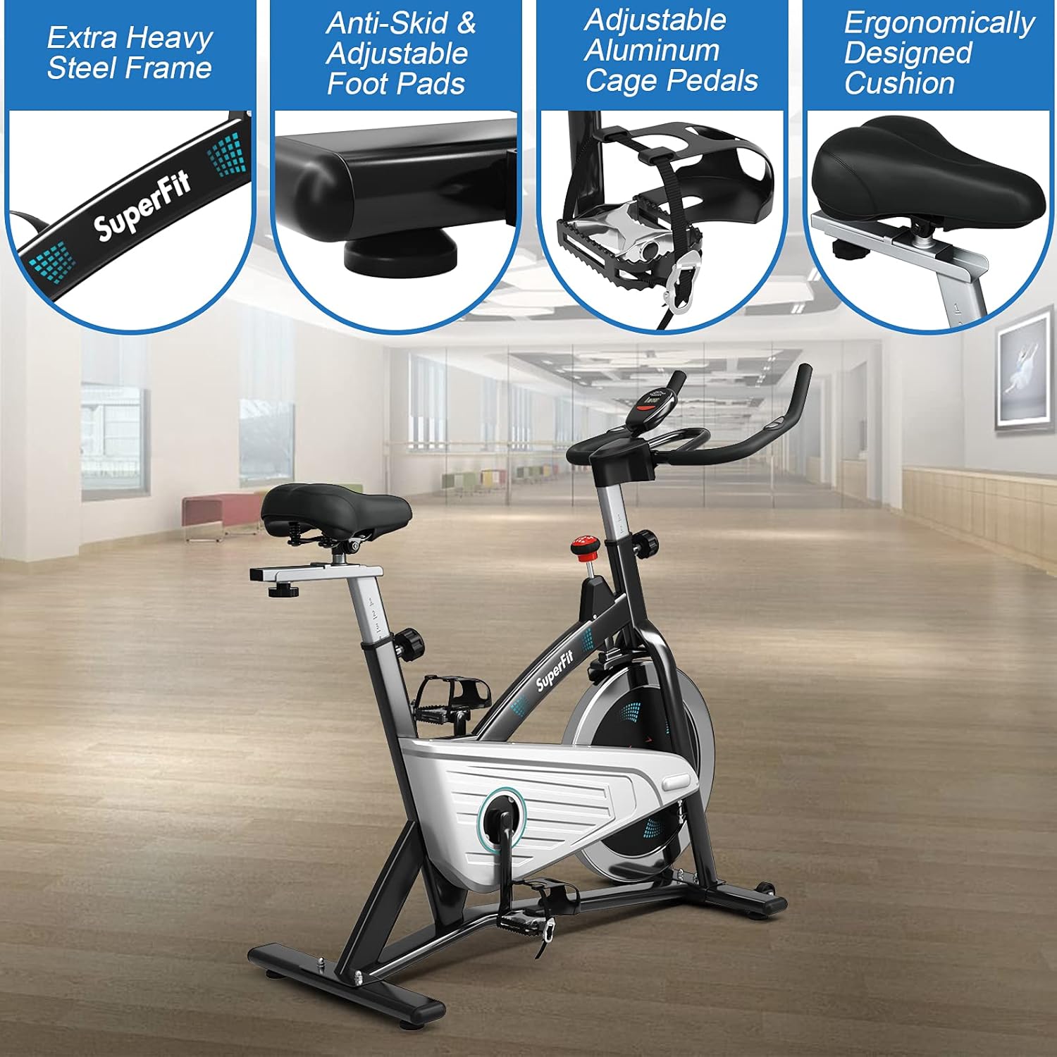 Goplus Magnetic Stationary Bike, Indoor Exercise Cycling Bike Smooth Belt Drive W/Heart Rate, LCD Monitor, Full Adjustment Near-silent Home Cardio Workout Spin Bike