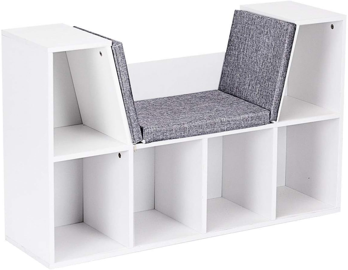 6-Cubby Kid Storage Bookcase Cushioned Reading Nook Versatile Bench Design Ample Storage Space