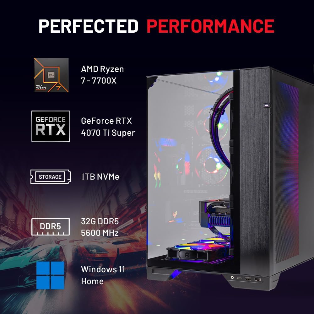 Skytech O11V Gaming PC Desktop, Ryzen 7 7700X 4.5 GHz (5.4GHz Turbo Boost), NVIDIA RTX 4070 Ti Super 16GB GDDR6X, 1TB Gen4 SSD, 32GB DDR5 RAM 5600 RGB, 750W Gold PSU, ARGB AIO, Wi-Fi, Win 11 Home