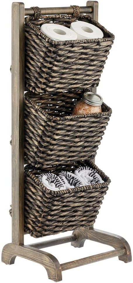 mDesign 3 Tier Vertical Standing Storage Basket Stand, Decorative Wood Storage Organizer Tower Rack with 3 Basket Bins - White/Natural/Tan