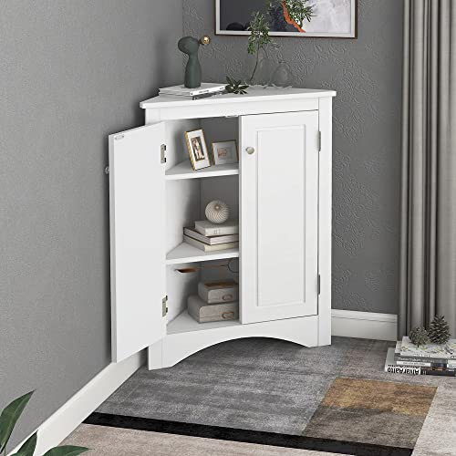 Corner Storage Cabinet, Wood Triangle Bathroom Cabinet with Adjustable Shelves, Freestanding Floor Cabinet with 2 Doors for Home Kitchen Bathroom (Grey + MDF)