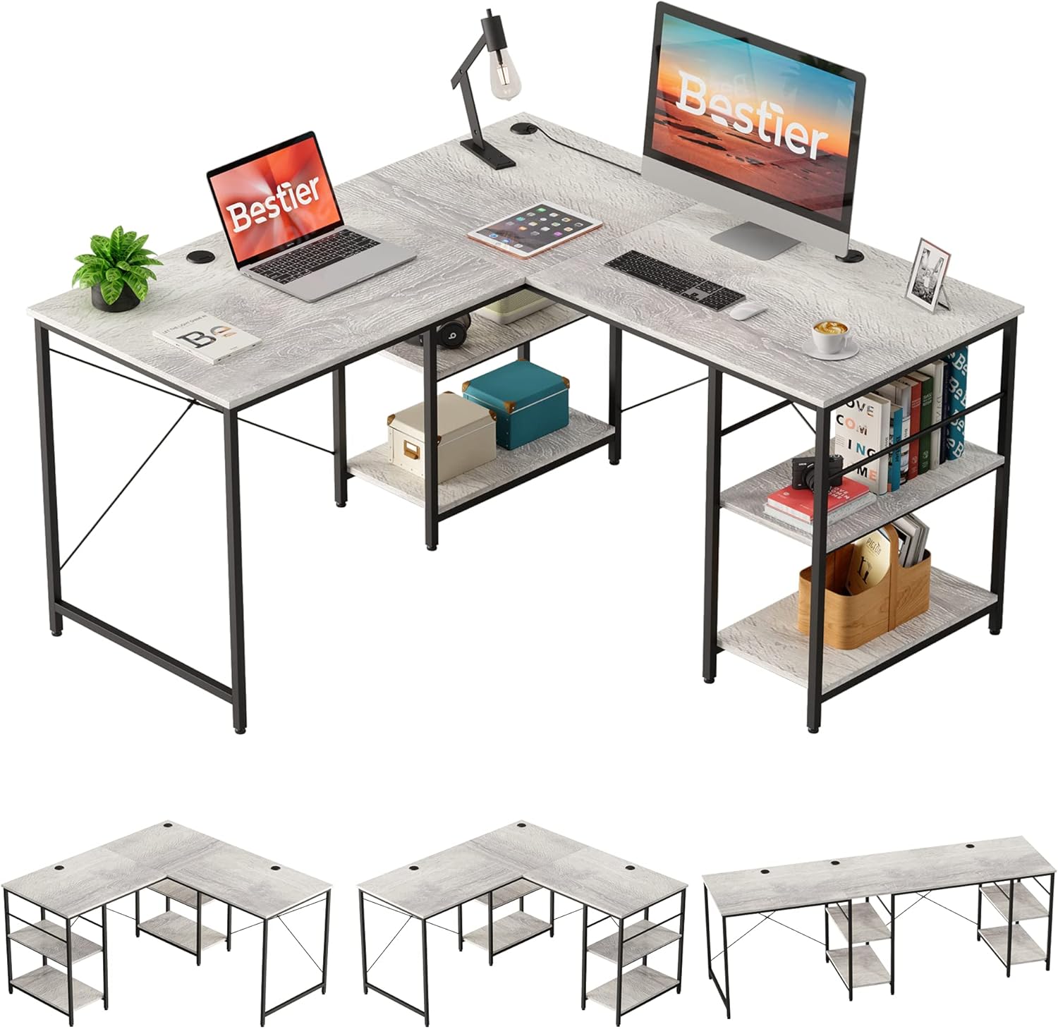 Bestier L Shaped Desk with Shelves 95.2 Inch Reversible Corner Computer Desk or 2 Person Long Table for Home Office Large Gaming Writing Storage Workstation P2 Board with 3 Cable Holes, Rustic Brown