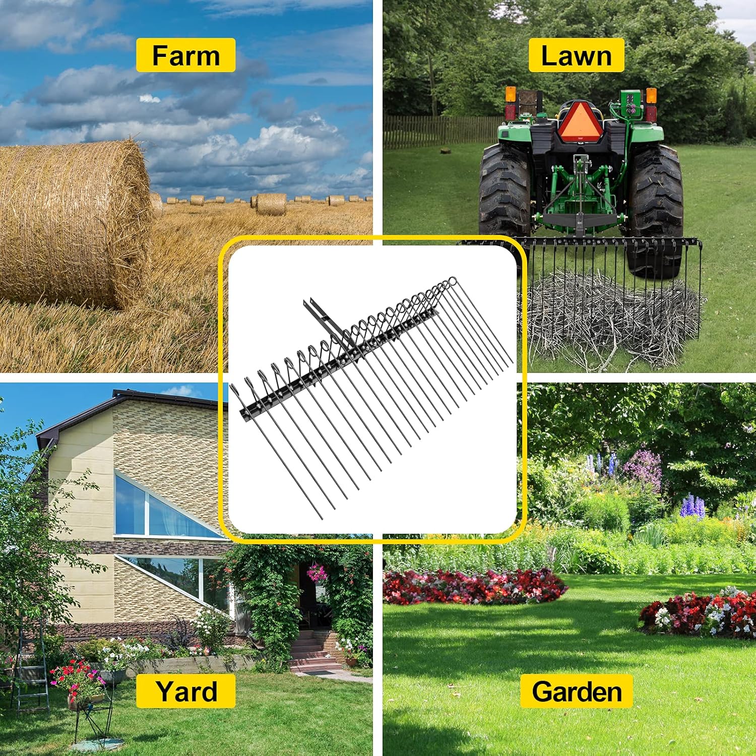 VEVOR Landscape Rake, 60 Inch Wide Tractor Rake, 3-Point Tow Behind Rake with 25.6 Inch Spring Tines, Black Pine Straw Needle Rake Dethatcher, Garden Driveway Rake for ATV UTV and Utility Tractors