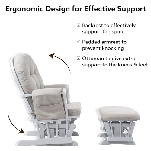 Naomi Home Nursery Glider & Ottoman Sets, Reclining Glider Rocker with Ottoman, Nursery Rocking Breastfeeding Maternity Chair for Baby Room, Recliner Glider with Ottoman, Padded Arms - White, Gray