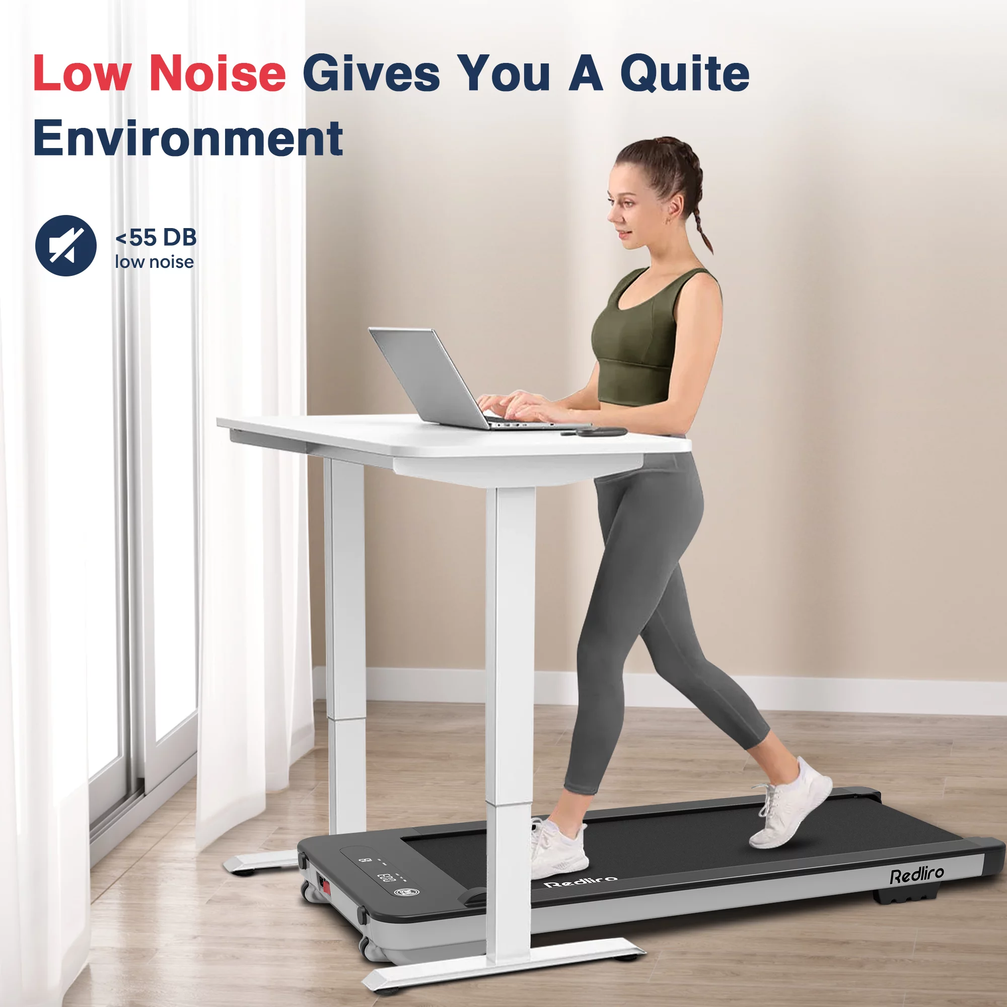 Redliro Under Desk Treadmill Walk Pad 2.25HP 300LBS Anti-Slip Belt Compact for Home Office, Silver