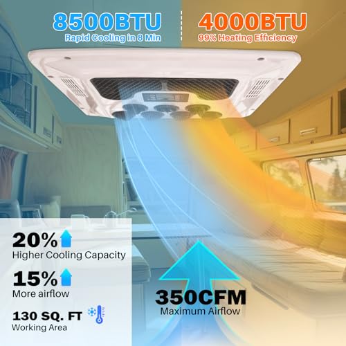 Camper 12V Rooftop AC Unit RV Air Conditioner Heater Combo, 12 Volt A/C Unit Low-Noise, Heating & Cooling for Car, Truck, Trailer, Boat