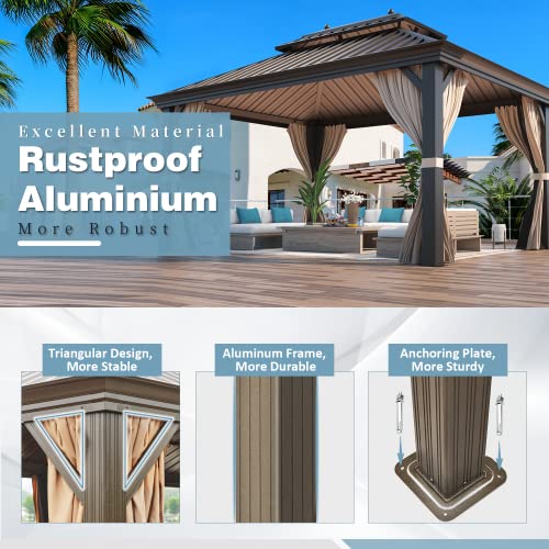 MELLCOM 12'x16' Hardtop Gazebo, Galvanized Steel Metal Double Roof Canopy with Curtains and Netting, Brown Permanent Pavilion Gazebos with Aluminum Frame for Garden, Patio, Lawns, Deck