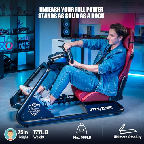 GTPLAYER Racing Simulator Cockpit with Seat and Bluetooth Speakers, Racing Style Reclining Seat and Ultra-Sturdy Alloy Steel Frame, A/B Box (Blue)