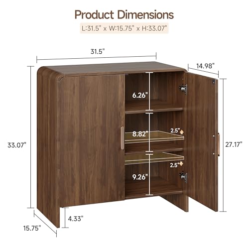 60" Sideboard Buffet Cabinet with Storage, Curved Design Farmhouse Coffee Bar Cabinet with 4 Doors & Adjustable Shelves for Living Room, Kitchen, Hallway, Walnut